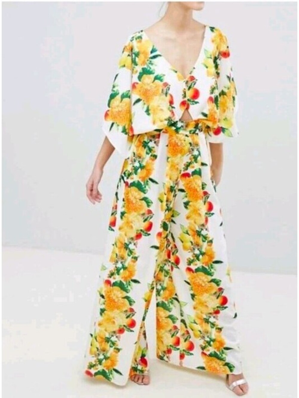 ASOS Lemon Fruit Floral Wide-Leg Jumpsuit V-Neck Size 6
